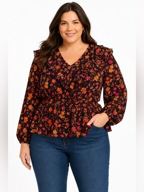 Scoop Floral V-Neck Ruffle Peplum Blouse XXL 20 NWT